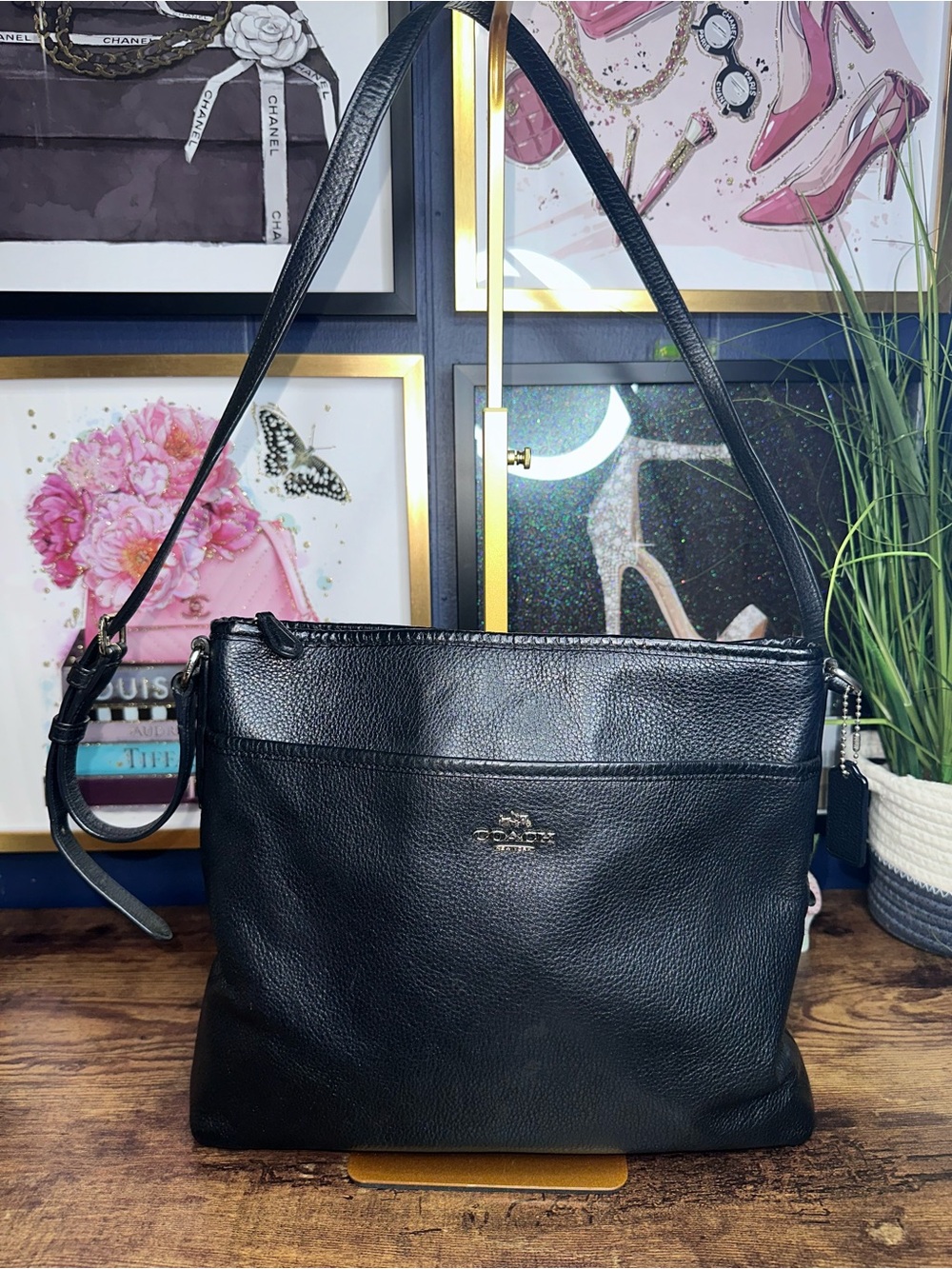 Coach Black Pebbled Leather Shoulder Bag with Adjustable Strap